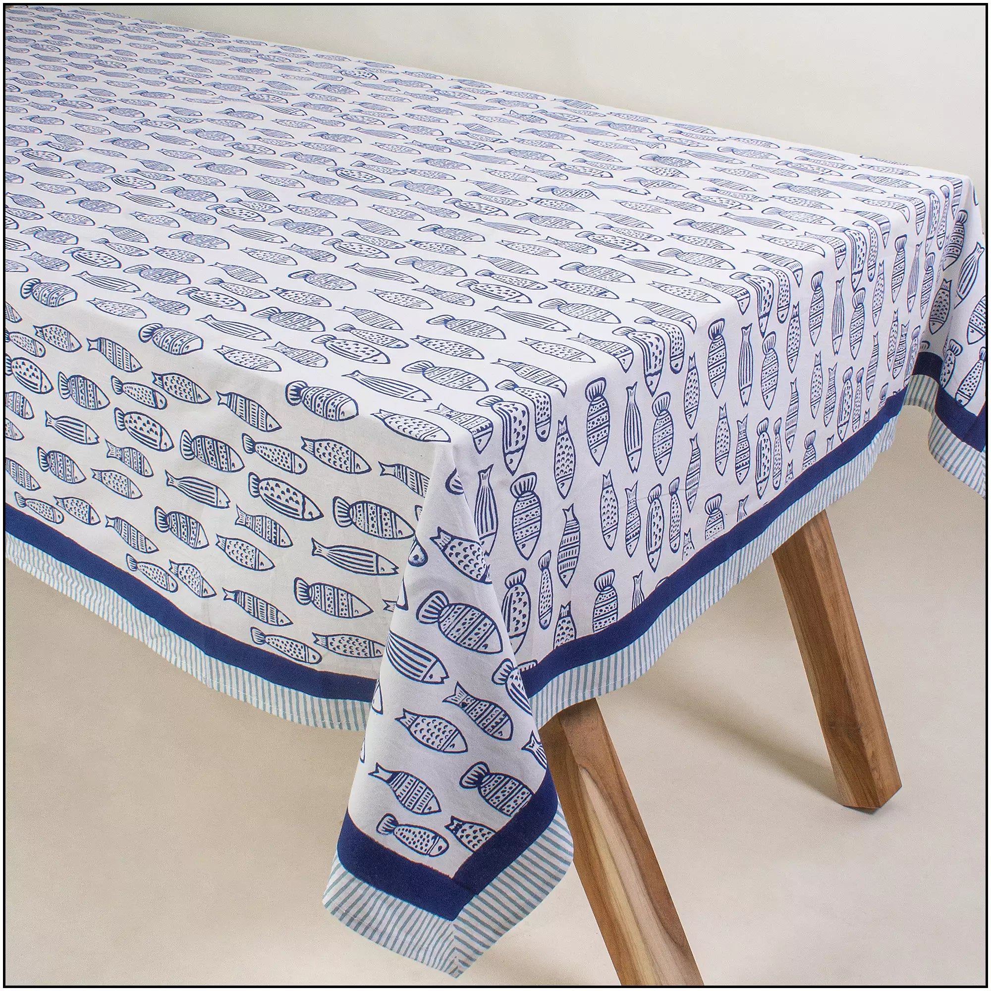Hand Block Fish Print Soft Table Cover 6 Seater